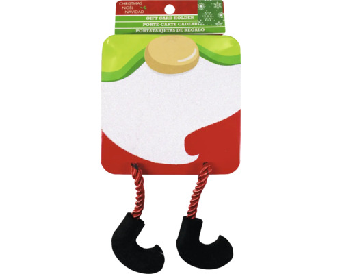 Geschenkkartenhalter im Weihnachtswichtel-Design mit glitzerndem Bart und hängenden Beinen.