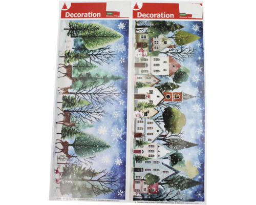 Zwei Bögen mit glitzernden Fensterbildern, die eine winterliche Waldlandschaft mit Rehen und ein verschneites Dorf zeigen.