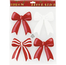 Weihnachtliche Fensterbilder in Schleifen-Optik, rot und weiß, teilweise mit Glitzer-Details für die weihnachtliche Fensterdekoration.