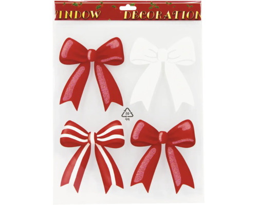 Weihnachtliche Fensterbilder in Schleifen-Optik, rot und weiß, teilweise mit Glitzer-Details für die weihnachtliche Fensterdekoration.