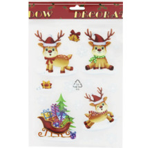 Weihnachts-Fenstersticker-Bogen mit Rentier-Motiven, einem Schlitten voller Geschenke, Tannenbaum und Weihnachtsglocken.