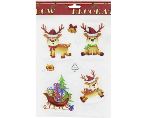 Weihnachts-Fenstersticker-Bogen mit Rentier-Motiven, einem Schlitten voller Geschenke, Tannenbaum und Weihnachtsglocken.