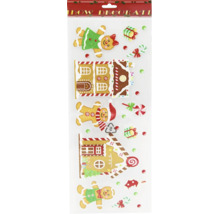 Fensterbilder mit weihnachtlichen Lebkuchenmotiven wie Lebkuchenmännern, Lebkuchenhäusern und Süßigkeiten auf einer Trägerfolie.