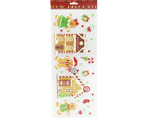 Fensterbilder mit weihnachtlichen Lebkuchenmotiven wie Lebkuchenmännern, Lebkuchenhäusern und Süßigkeiten auf einer Trägerfolie.