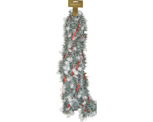 Weihnachtliche Dekogirlande mit einer Länge von 3 Metern, verziert mit Schneeflocken und einem roten Band.
