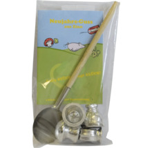 Neujahrs-Guss-Set aus Zinn mit Schmelzlöffel mit Holzgriff und vier Zinnfiguren in transparenter Verpackung.