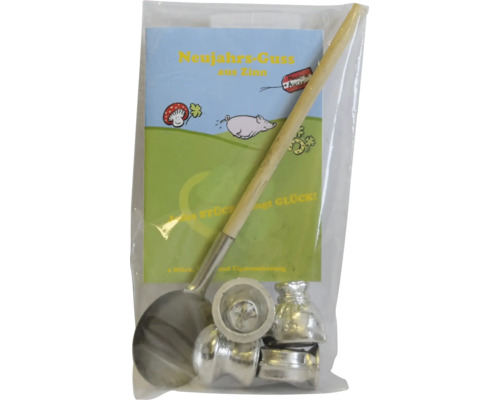 Neujahrs-Guss-Set aus Zinn mit Schmelzlöffel mit Holzgriff und vier Zinnfiguren in transparenter Verpackung.