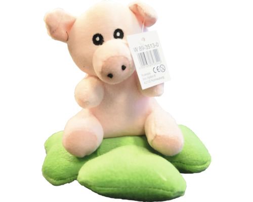 Plüschtier Schwein sitzend auf einem vierblättrigen Kleeblatt
