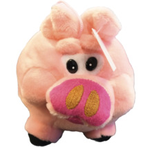 Rosa Plüschschwein mit großen Augen, einer pinken Schnauze und schwarzen Hufen.