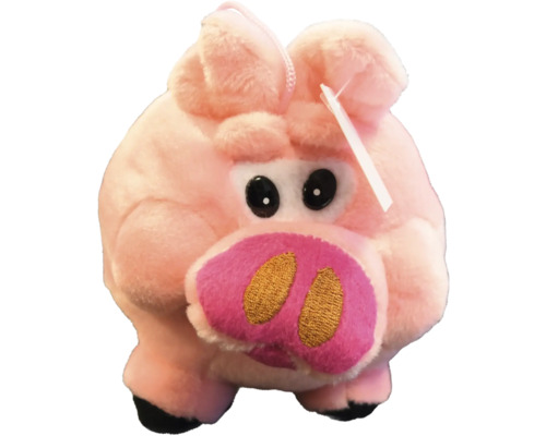 Rosa Plüschschwein mit großen Augen, einer pinken Schnauze und schwarzen Hufen.