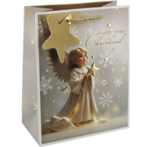 Geschenktüte zu Weihnachten mit Engel-Motiv, Sternen, Kordel und Aufschrift Grüße vom Christkind.