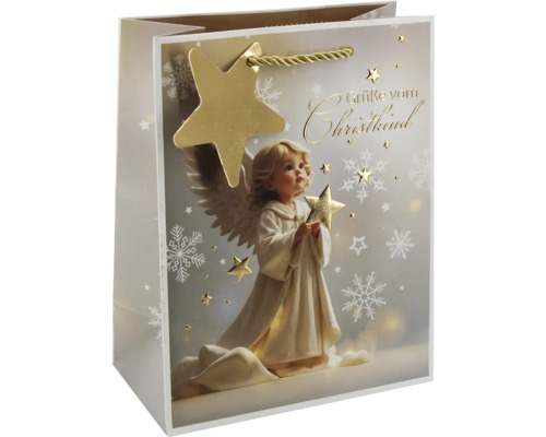 Geschenktüte zu Weihnachten mit Engel-Motiv, Sternen, Kordel und Aufschrift Grüße vom Christkind.