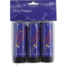 Dreierpack Party-Popper Konfettikanonen in einer transparenten Verpackung mit Aufhänger.