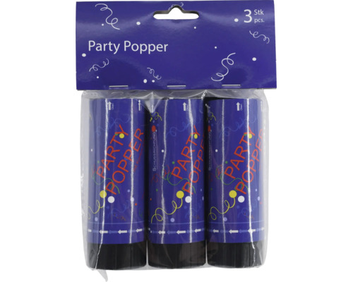 Dreierpack Party-Popper Konfettikanonen in einer transparenten Verpackung mit Aufhänger.