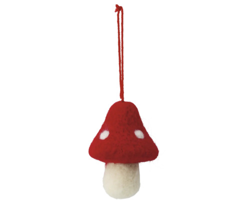 Weihnachtsbaumanhänger in Form eines Fliegenpilzes aus Filz mit Aufhängeschlaufe.