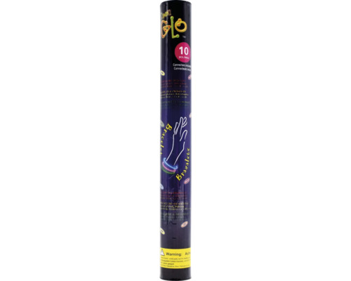 Neon Glo Knicklichter-Armbänder, Set mit 10 Stück inklusive Verbindungsstücken in einer runden, schwarzen Verpackung.