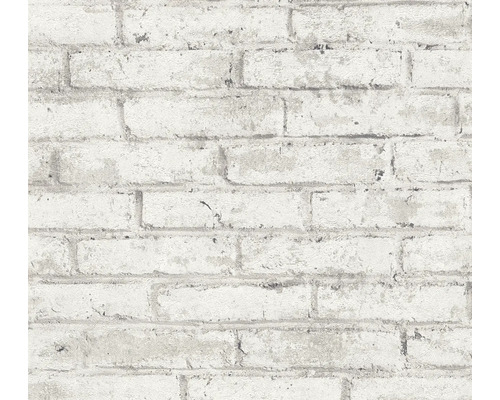Tapete in Steinoptik mit Backsteinmauer-Motiv in Weiß.