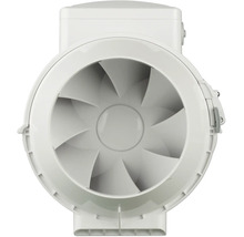 Rohrventilator aus Kunststoff für Lüftungssysteme, runde Bauweise mit innenliegenden Lüfterflügeln.