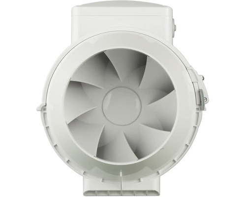 Rohrventilator aus Kunststoff für Lüftungssysteme, runde Bauweise mit innenliegenden Lüfterflügeln.