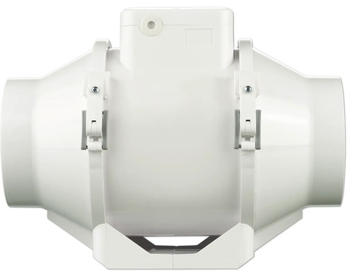 Weißer Rohrventilator aus Kunststoff für Lüftungssysteme, Modell zur Wand- oder Deckenmontage.