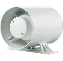 Weißer Rohrventilator aus Kunststoff mit Montagekonsole für Lüftungsrohre.
