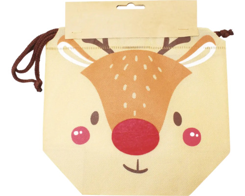 Geschenktüte mit Kordelzug und aufgedrucktem Rentier-Motiv.