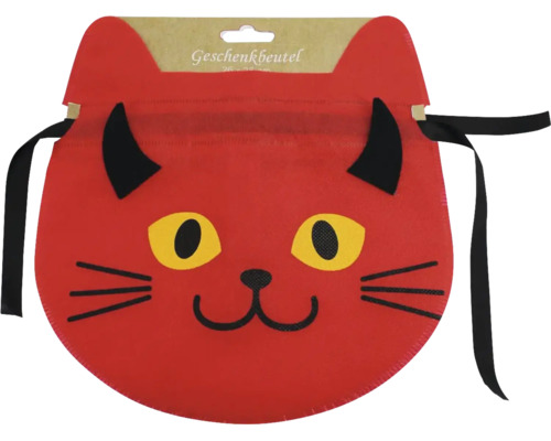 Geschenkbeutel aus Filz in Form eines Katzenkopfs mit Teufelshörnern und Kordelzug zum Verschließen.