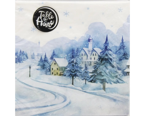Papierservierte mit winterlichem Motiv aus verschneiten Häusern, Tannen und einer Straße, Table at Home Logo.