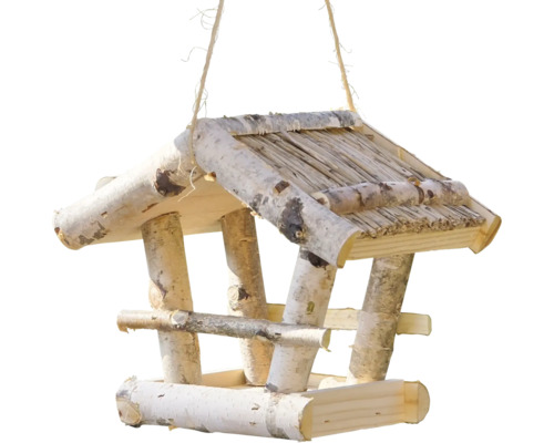 Rustikales Vogelhaus aus Birkenholz zum Aufhängen mit Satteldach.