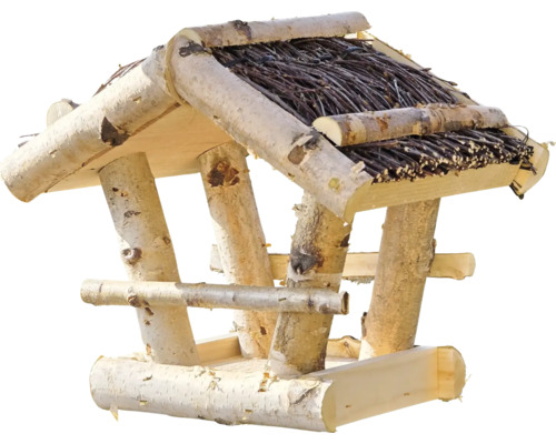 Vogelhaus aus Birkenholz mit einem Dach aus dunklen Zweigen