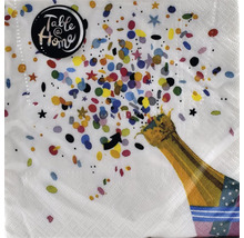 Papierserviette mit Motiv einer Sektflasche und Konfetti, Table at Home Logo.