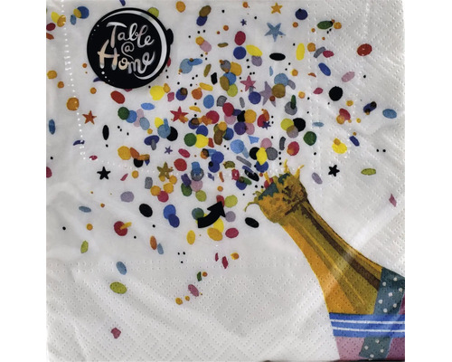 Papierserviette mit Motiv einer Sektflasche und Konfetti, Table at Home Logo.