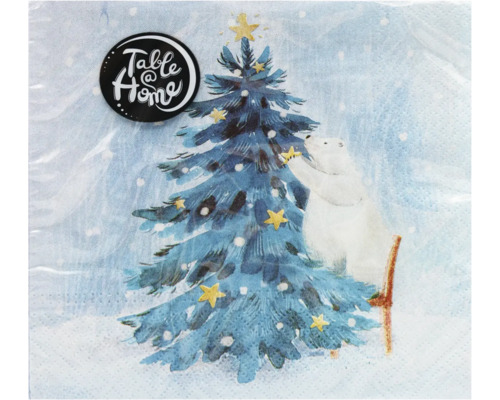 Table at Home Papierservietten mit winterlichem Motiv: Ein Eisbär schmückt einen Weihnachtsbaum im Schnee.