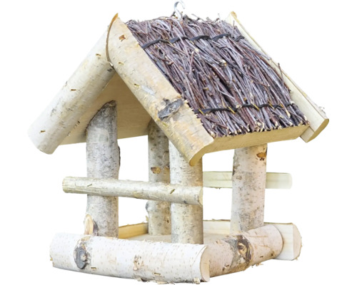 Rustikales Futterhaus aus Birkenholz mit natürlicher Rinde und einem Dach aus Zweigen.