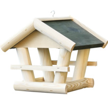 Vogelhaus aus Holz im Blockhausstil mit Satteldach und Aufhängung für den Garten.