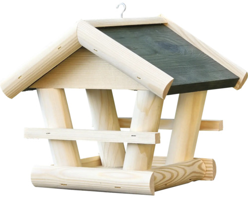 Vogelhaus aus Holz im Blockhausstil mit Satteldach und Aufhängung für den Garten.