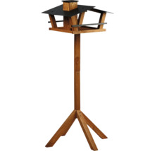 Vogelhaus mit Ständer aus Holz, mit großem Dach und integriertem Futterschacht für Wildvögel.