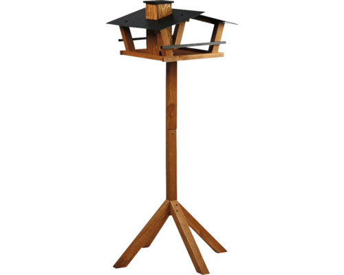 Vogelhaus mit Ständer aus Holz, mit großem Dach und integriertem Futterschacht für Wildvögel.