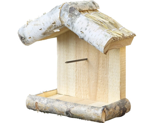 Vogelhaus aus Naturholz mit Birkenrinde und Strohdach, offene Futterstation mit Haltestab.