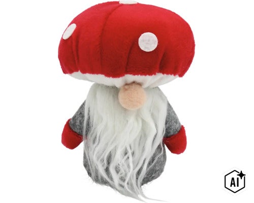 Weihnachtswichtel aus Stoff mit rot-weißem Fliegenpilz-Hut, langem weißem Bart und grauem Körper (Image AI modified or generated)