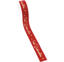 Rotes Geschenkband auf einer Rolle mit goldenem Schriftzug Frohe Weihnachten und Sternen.