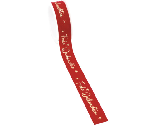 Rotes Geschenkband auf einer Rolle mit goldenem Schriftzug Frohe Weihnachten und Sternen.