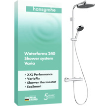 hansgrohe Duschsystem Waterforms 240 Varia mit Kopfbrause, Handbrause und Duschthermostat. hansgrohe Logo und Siegel für 5 Jahre Garantie.