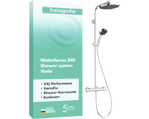 hansgrohe Duschsystem Waterforms 240 Varia mit Kopfbrause, Handbrause und Duschthermostat. hansgrohe Logo und Siegel für 5 Jahre Garantie.