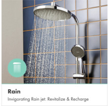 Hansgrohe Duschsystem aus Chrom mit runder Regenbrause und Handbrause an gefliester Wand, Strahlart Rain.