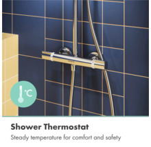 Hansgrohe Duschthermostat aus verchromtem Metall an einer Fliesenwand montiert, Hansgrohe Logo, Symbol für konstante Wassertemperatur.