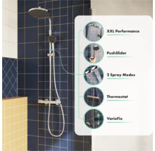 Duschsystem mit Regenduschkopf, Handbrause und Thermostat, inklusive Details zu XXL Performance, PushSlider, zwei Strahlarten und VarioFix.