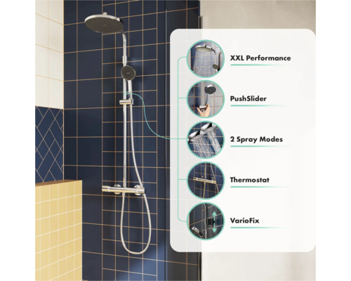 Duschsystem mit Regenduschkopf, Handbrause und Thermostat, inklusive Details zu XXL Performance, PushSlider, zwei Strahlarten und VarioFix.