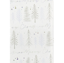 Geschenkpapier mit Tannenbaum-Motiv, Sternen und dem Schriftzug Merry Christmas.