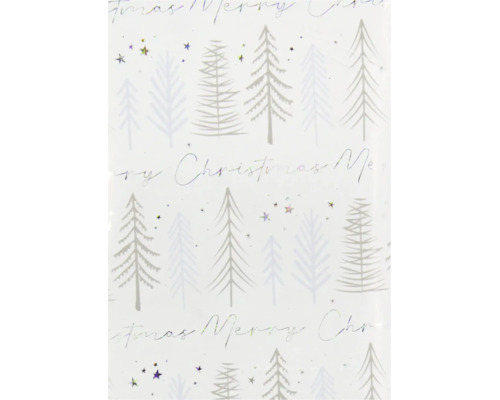 Geschenkpapier mit Tannenbaum-Motiv, Sternen und dem Schriftzug Merry Christmas.